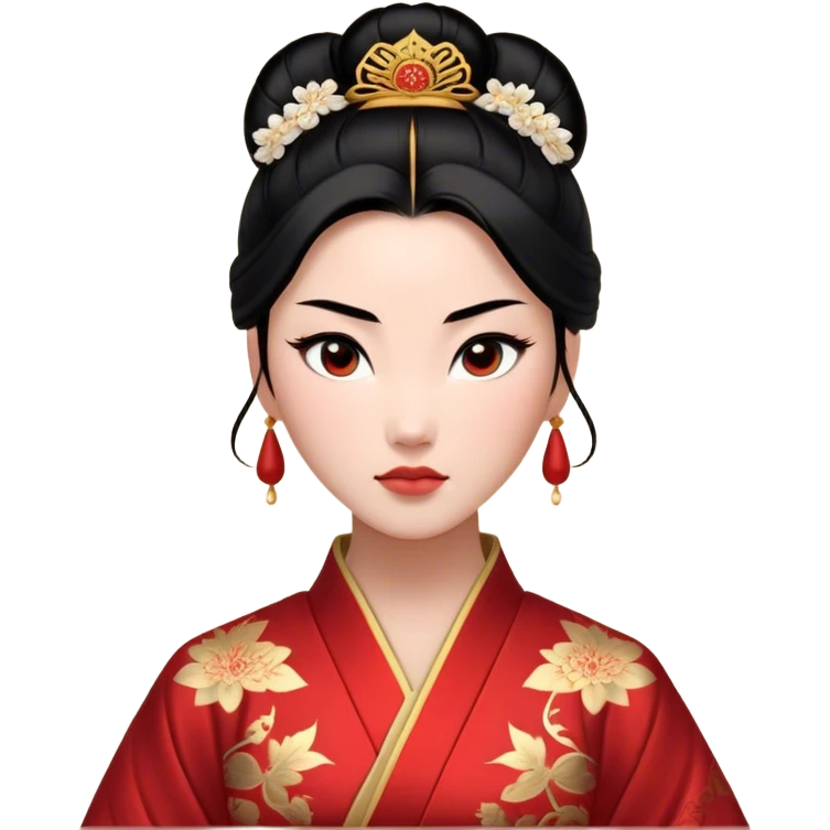 Cinematic Realistic Majestic Mulan Portrait, featuring finely rendered light skin with natural luminescence and expressive, determined eyes. Her black hair is styled with care into an elegant bun, and every fold of her traditional robe—adorned with subtle red motifs and refined gold trim—is depicted with intricate fabric detail. The scene is bathed in soft, natural light that enhances the depth and authenticity of the image, conveying a noble and serene aura that embodies timeless elegance and inner fortitude. emoji