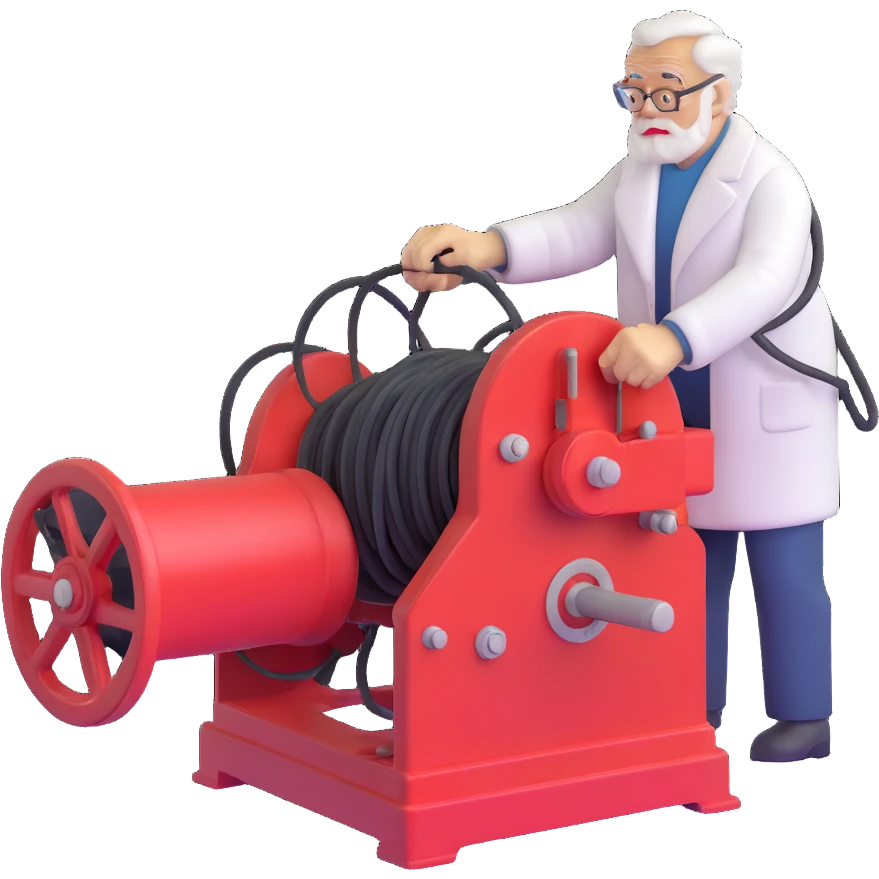 Elderly Russian scientist operating winch equipment on vintage marine geology research ship emoji
