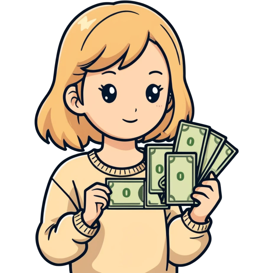 girl with rummy hair in beige sweater happy with money in hands emoji