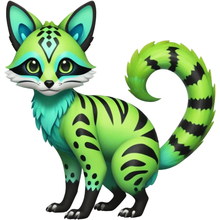 Rare realistic iridescent neon lime-green & cyan white black lush tropical exotic edgy epic pretty beautiful handsome gorgeous aesthetic colorful vibrant Vernid-Protogen-Primagen-Genet-Trico-species-Fakemon-hybrid-creature by LiLaiRa, beautiful intricate markings, full body emoji