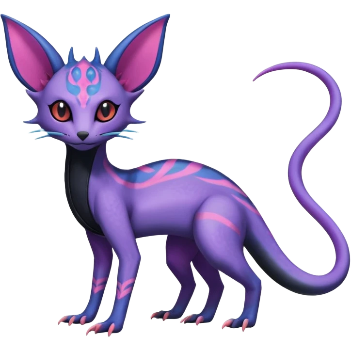 Rare realistic cool cute epic aesthetic gothic colorful Salandit-Amaura-Espeon-Genet-species-Fakemon-hybrid-creature, with markings, full body emoji