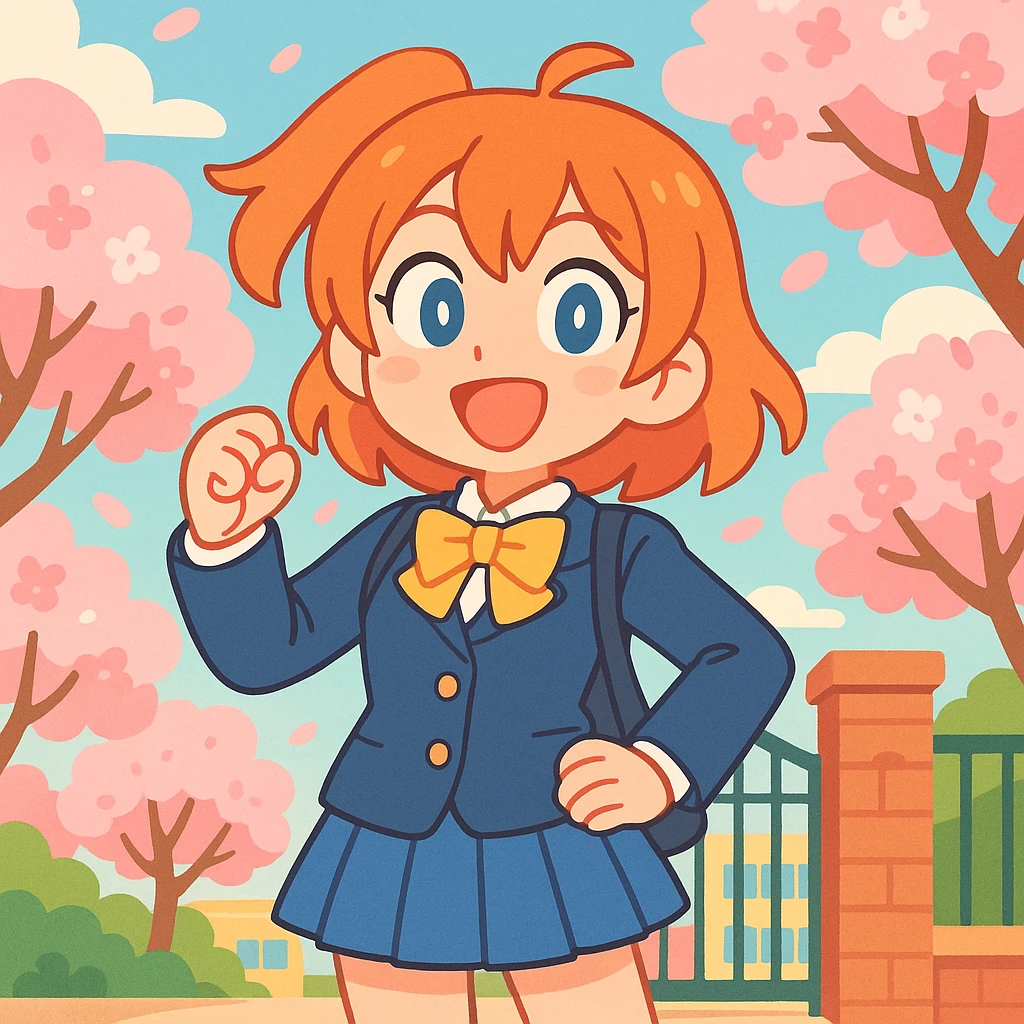 cheerful anime schoolgirl with orange hair, blue eyes, school uniform, spring cherry blossoms, confident pose, lively school gate background, Love Live! style emoji
