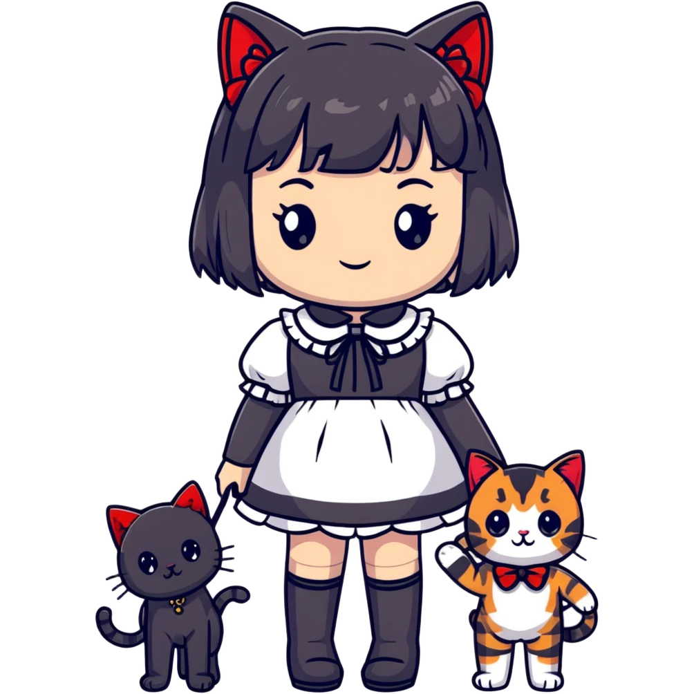 girl wearing black Lolita style dress, with medium-length black hair with red tips, and a black American Shorthair tabby cat emoji