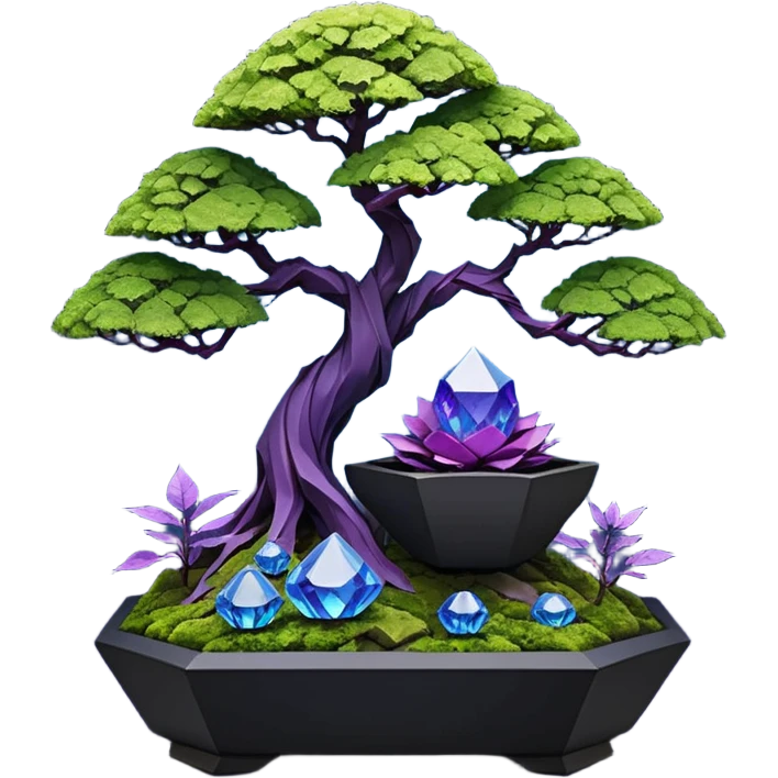 Futuristic wild glowing alien moss maples Bonsai hair-fine-leaf group multi faceted intricate crystal boxwood Darth Vader purple rose blue informal rocky cliffhanger eight trees forest planting in shallow origami slab style pot with big anthropomorphic feet  emoji