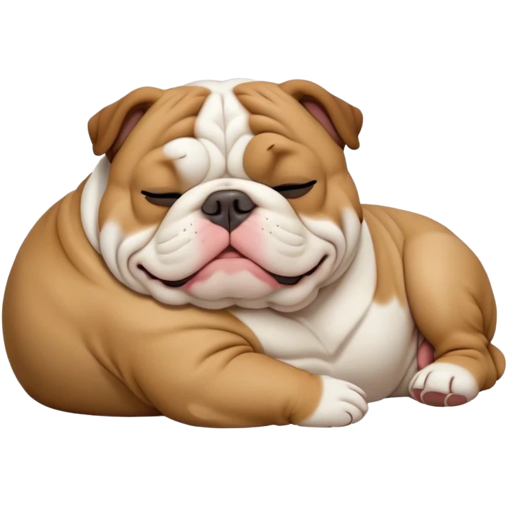 Cinematic Meme-Worthy Chubby Sleeping Brown and White English Bulldog Portrait Emoji, Head resting peacefully with a contented smile, showcasing a delightfully chubby build and a luxuriously soft brown and white coat, eyes shut in a serene nap, Simplified yet hilariously adorable features, highly detailed, glowing with a soft, drowsy light, high shine, relaxed and utterly lovable, stylized with an air of playful laziness, bright and heartwarming, soft glowing outline, capturing the essence of a comically sleepy guardian, so meme-worthy it feels like it could instantly become the next viral sensation of adorable slumber! emoji