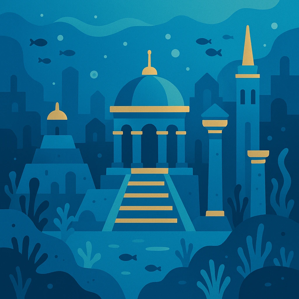 flat toon style Atlantis, simple shapes, blue and gold colors, underwater emoji