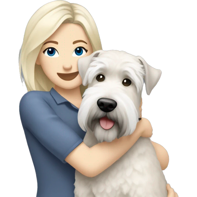 pretty woman blonde hair blue eyes hugging a white and gray soft coated wheaten terrier dog emoji