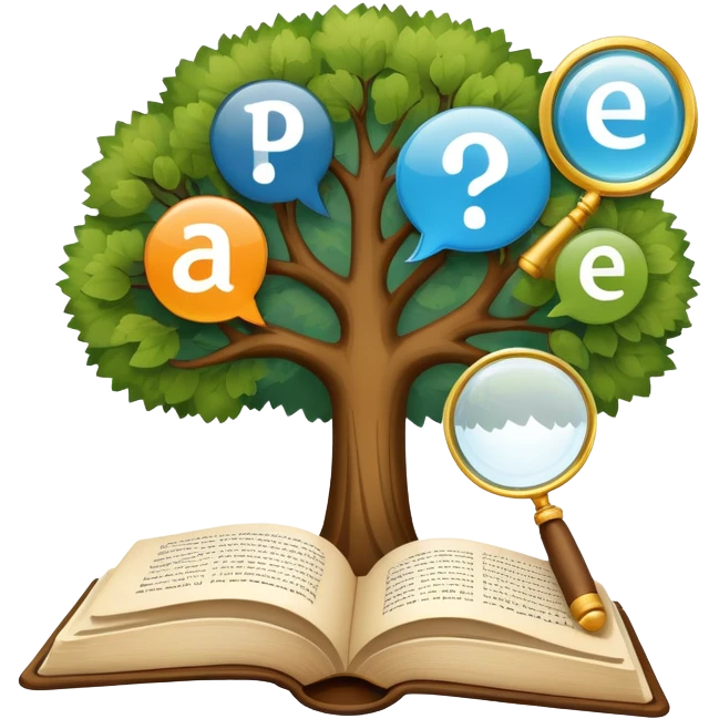An icon featuring an open book, a speech bubble, and a linguistic tree, symbolizing philology and linguistics. The design includes alphabets, language symbols, and a magnifying glass, representing the study of language, structure, and meaning. Transparent background emoji
