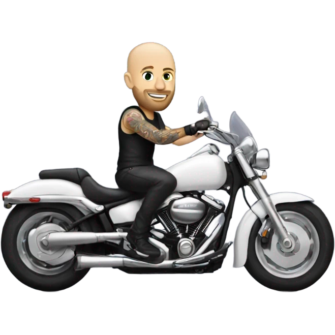 tattooed white and bald guy on a white motorcycle emoji