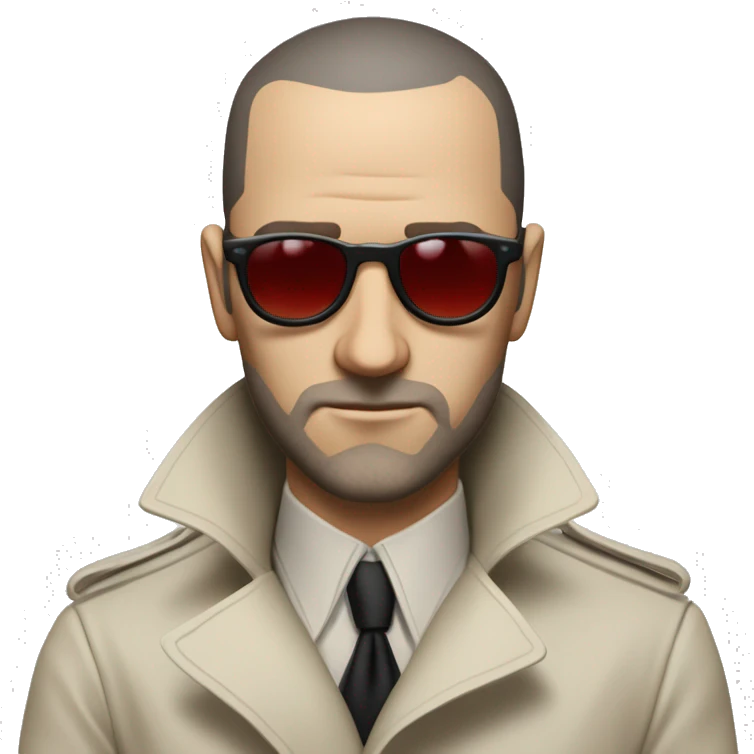 <excerpt>
A 1930s white man with real buzz cut Black hair, beard stubble donning small red tinted sun glasses in a dirty white trench coat, is serious.
</excerpt> emoji