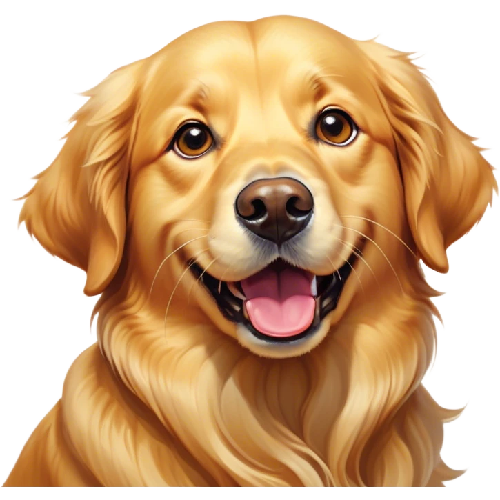 Cinematic Comical Golden Retriever Portrait Emoji, Head tilted dramatically with an exaggeratedly amused expression, featuring a vibrant golden coat with a lively sheen, wide, expressive brown eyes filled with playful disbelief, Simplified yet hilariously expressive features, highly detailed, glowing with a slightly sassy glow, high shine, dramatic yet playful, stylized with an air of cheeky mischief, bright and endearing, soft glowing outline, capturing the essence of a spirited and over-the-top companion, so meme-worthy it feels like it could side-eye its way into internet fame instantly! emoji