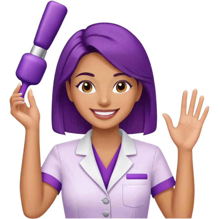 Woman cosmetologist in purple salon uniform with hand raised, smiling emoji