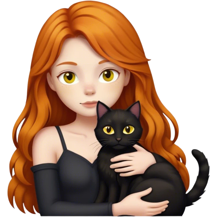 Long-haired black cat with a white patch on its chest and yellow eyes cuddling with a ginger girl emoji