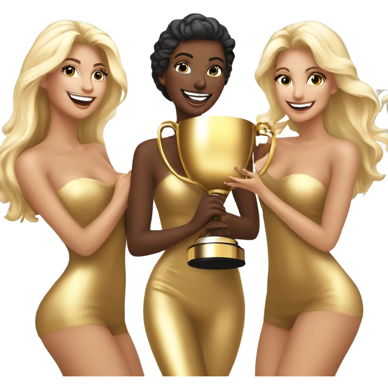 Seven beautiful blonde and Latina models celebrating with 1 huge gold trophy emoji