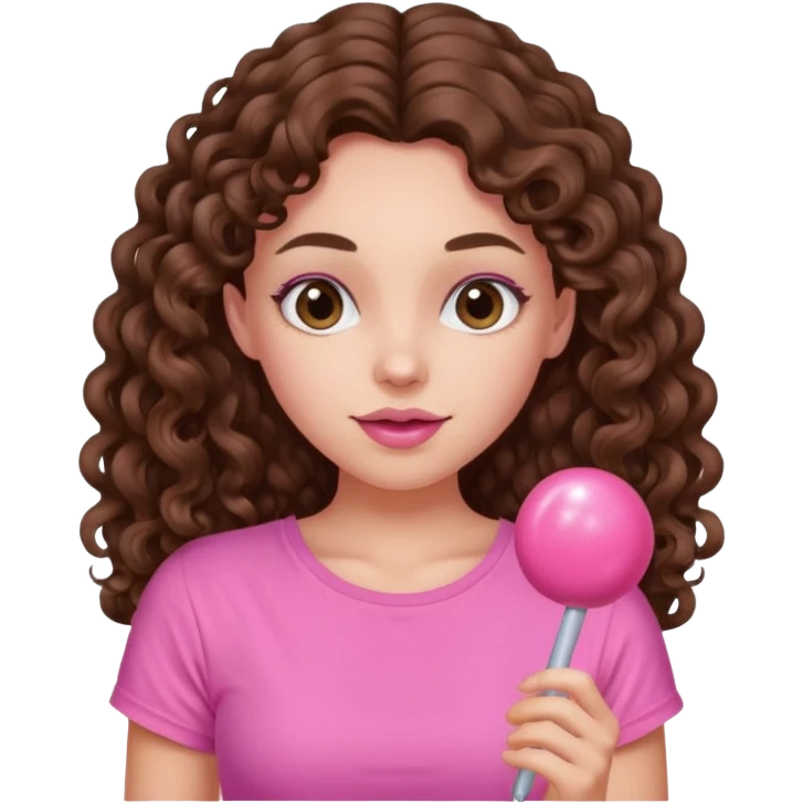 crée moi une jeune fille très belle avec les cheveux bouclés long brune avec un top rose bonbon  emoji