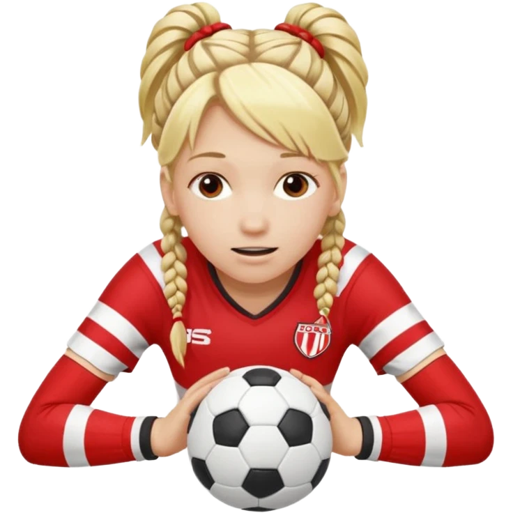 Chica de pelo rubio tirada en el suelo boca abajo agarrando un balón con las manos vestida con una equipación de color rojo y blanco con líneas y con unas botas de tacos de fútbol, con un bucal en la boca y el pelo con trenzas emoji