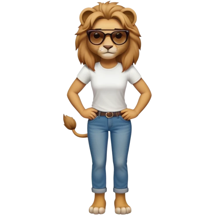 friendly anthropomorphised female lion character, full body, standing confidently with legs shoulder width apart and arms folded, wearing jeans, a white t-shirt, and dark sunglasses, with a determined expression emoji