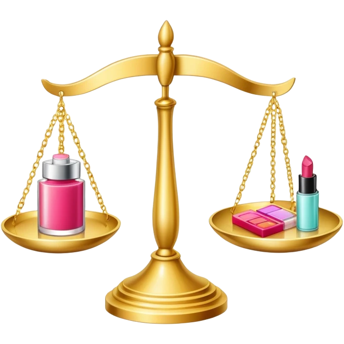 gold scale with dollars on one side and beauty products like lipstick, perfume, makeup on the other emoji