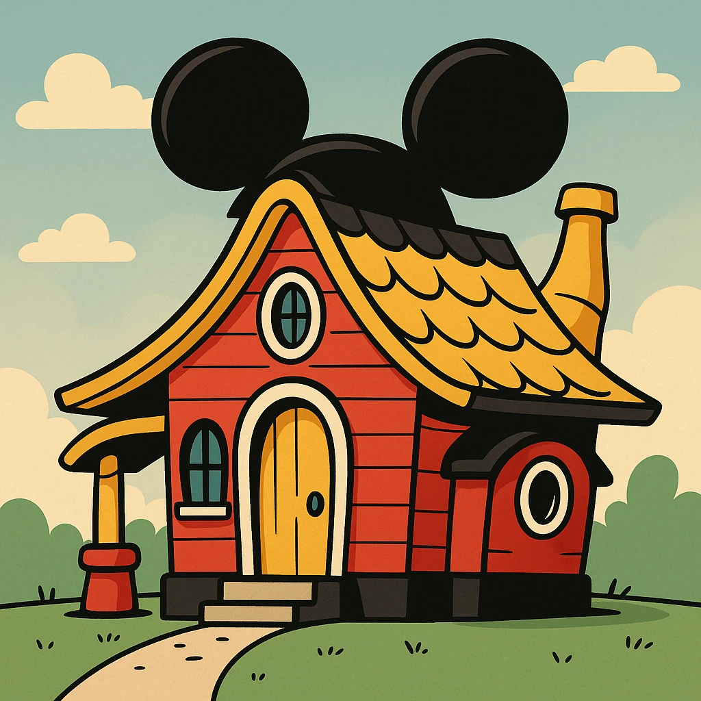 Cartoon house with Mickey Mouse ears and colors, playful and colorful, whimsical design, Mickey Mouse inspired house emoji
