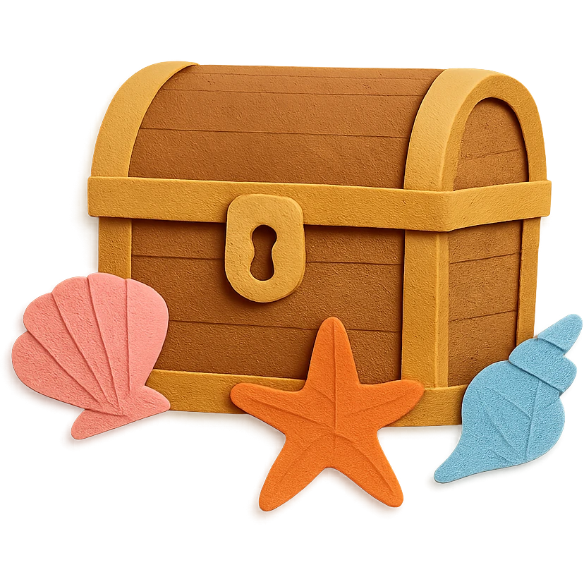 closed treasure chest with a lock, surrounded by seashells and starfish, paper-craft style emoji