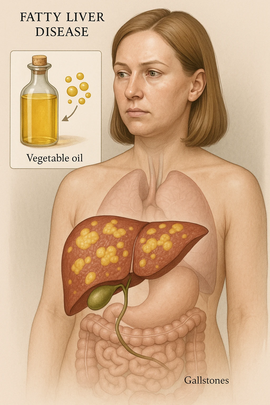 donna con fegato grasso immagine realistica e usa oli vegetali formando anche calcoli biliari emoji