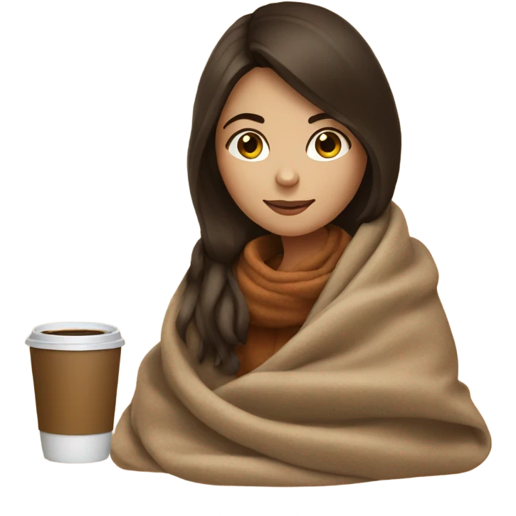 Brunette girl autumn with blanket and coffee emoji