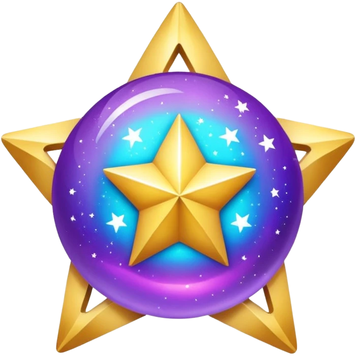 Uma esfera translúcida com reflexos roxos e azuis envolve uma estrela dourada brilhante no centro, criando um visual etéreo e futurista emoji