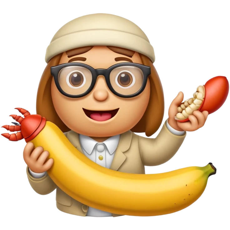 Hotdog with glasses and a mouth holding a banana and holding a crab emoji