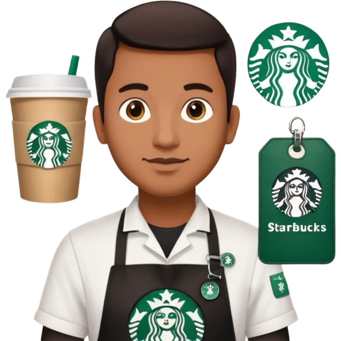 create a sticker of my male bangladeshi friend who is supervisor at starbucks plus coffemaster so black apron woth coffeemaster on it and starbucks logo he s also a comp sci student emoji