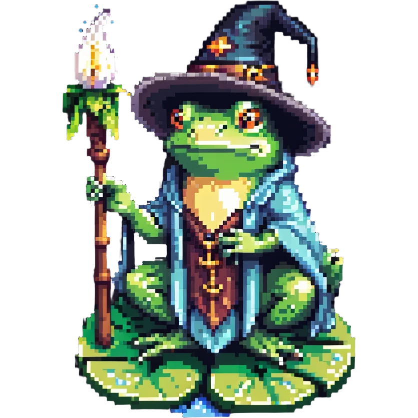 frog wizard sitting on a lily pad in a lake, wearing a wizard hat and holding a magic staff emoji