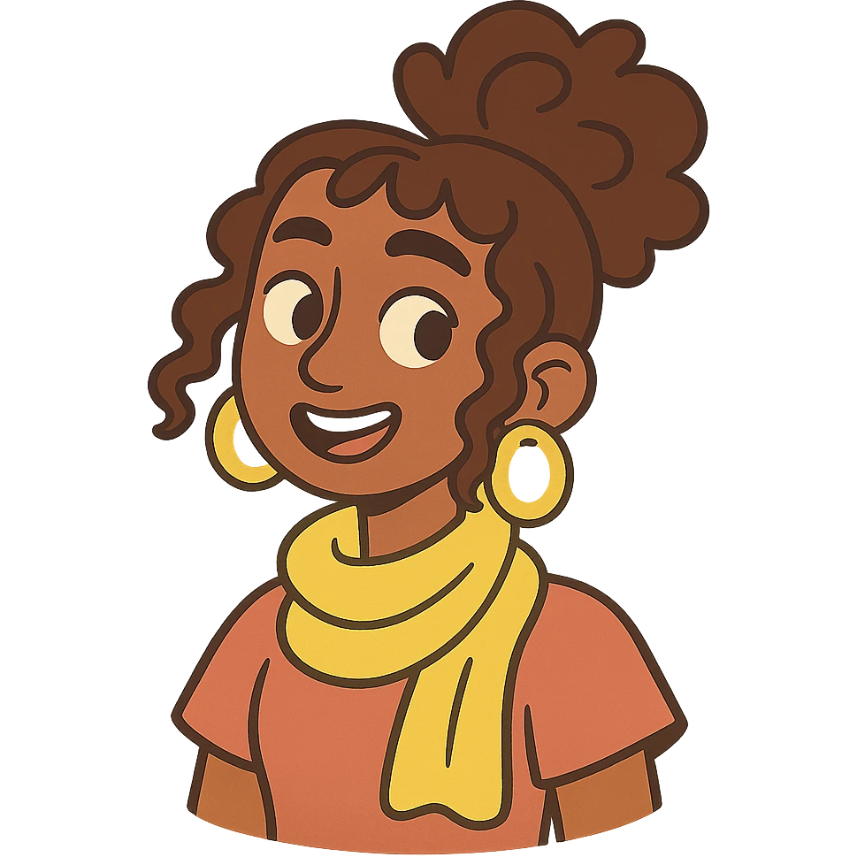 bohemian girl with brown skin, long curly brown hair up, lemon yellow scarf, round earrings emoji