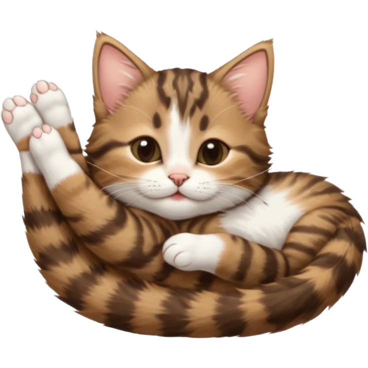 dark brown tabby and white kitten in funny positions stretched our upside down with eyes closed emoji