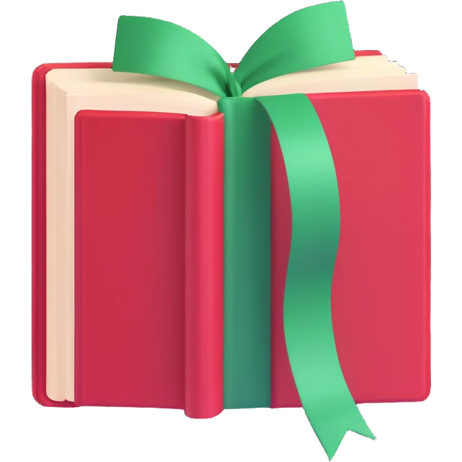 open red hardcover book with green ribbon bookmark emoji