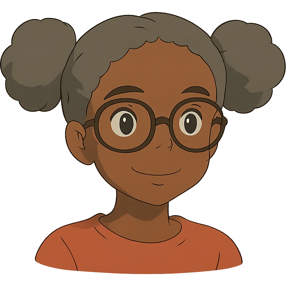 african american girl head with oversize glasses and gray hair in bunches, ghibli style emoji