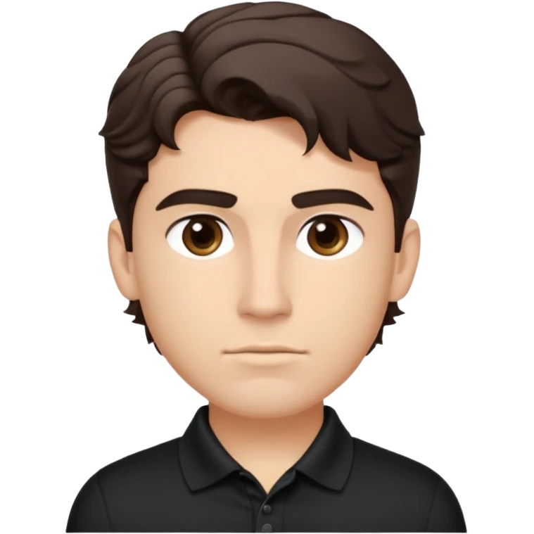 He’s a man with light to medium skin, a defined oval face, full brows, deep-set eyes, and wavy short dark brown tall hair styled with height, sides are trimmed. muscular. expression calm and focused relaxed black polo shirt. polished, articulate, and coach vibe. personal development.  emoji