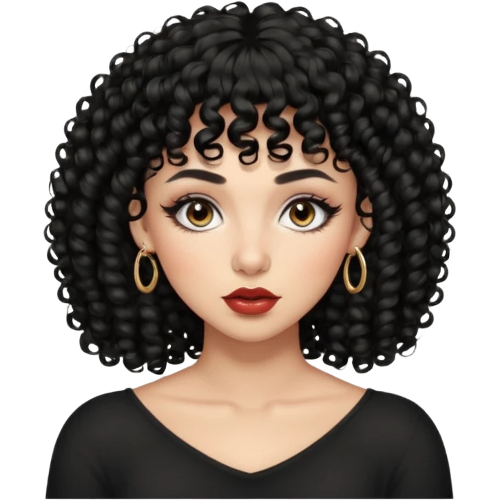 Woman with thick black curly hair and curly bangs, light eyes, fair skin, defined brows, high cheekbones, full lips, septum ring, soft glam makeup, confident expression. emoji