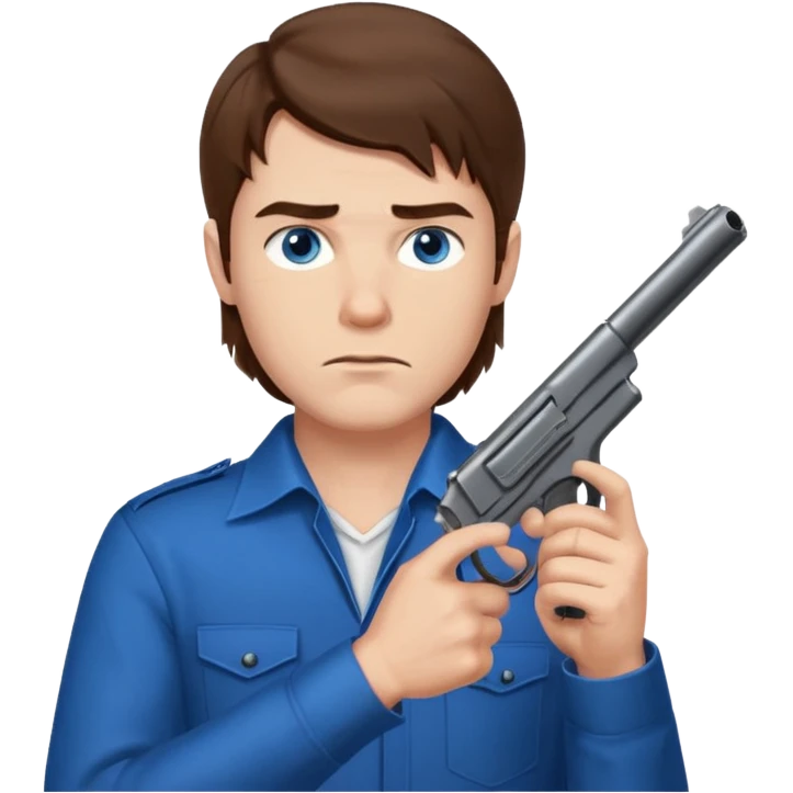 guy w medium long brown hair and blue eyes with gun pointed up at his chin emoji