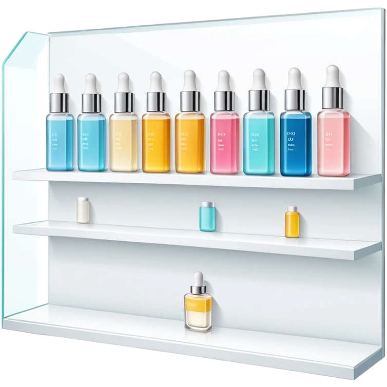 big long white shelf with one serum bottle labeled beauty brand and big sticky note emoji