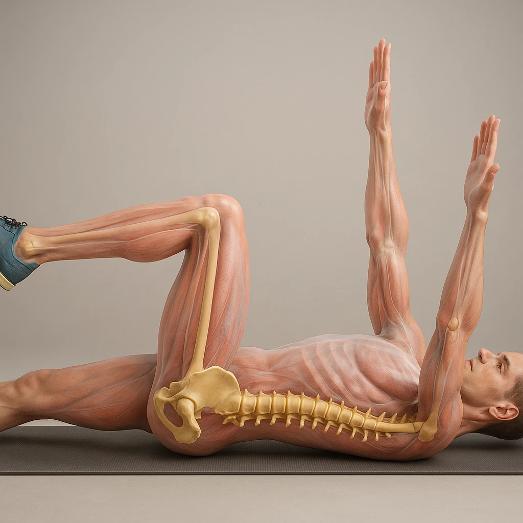 Create a hyperrealistic 4K anatomical illustration of a man lying on the ground in a dead bug position, viewed from the side as in the reference image. Highlight the pelvis and spine bones in 3D with realistic anatomical details. Show translucent muscles and skin to reveal the skeleton underneath. Maintain the same pose and perspective as the reference. Medical atmosphere. emoji