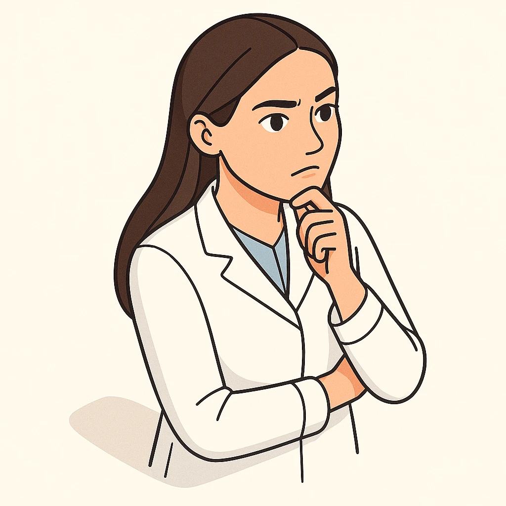 A girl doctor with dark long straight hair, detailed brown eyes (not just dots), wearing a white medical coat, in 2D isometric style with a minimalist background, thoughtful finger on chin, with a serious facial expression. emoji