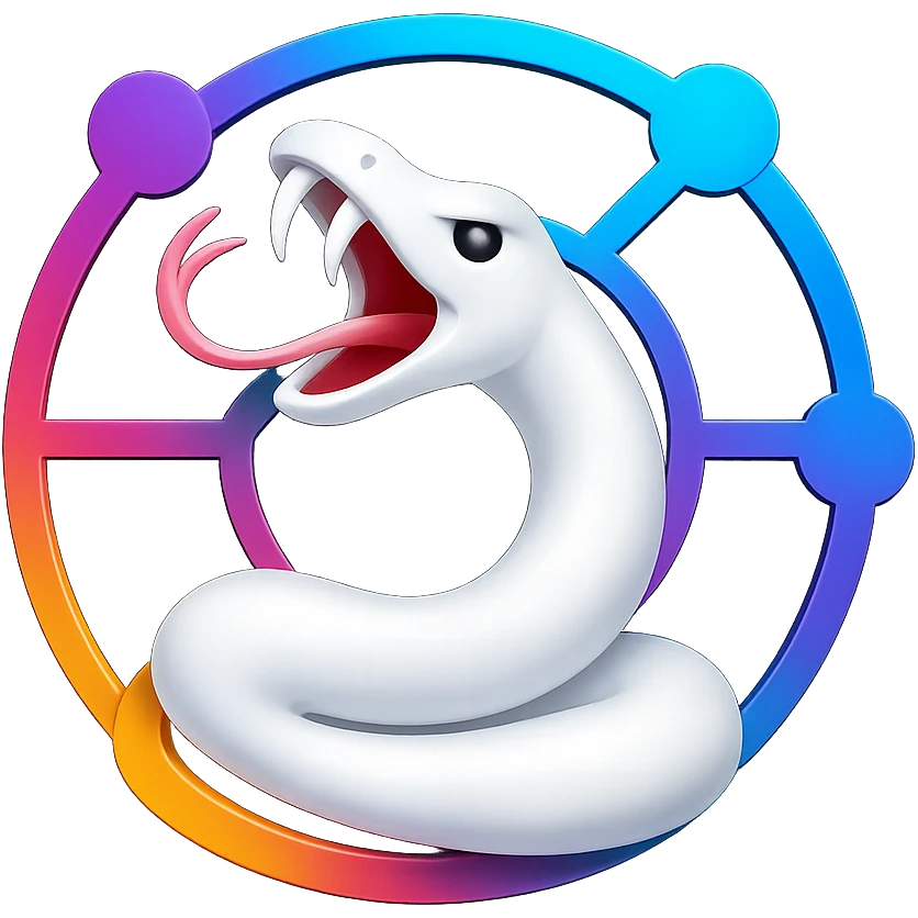 Transform the image into a 3D, colorful logo featuring an abstract white snake in a circular network pattern. Use vibrant colors and make it shiny and dimensional, inspired by the reference image. emoji
