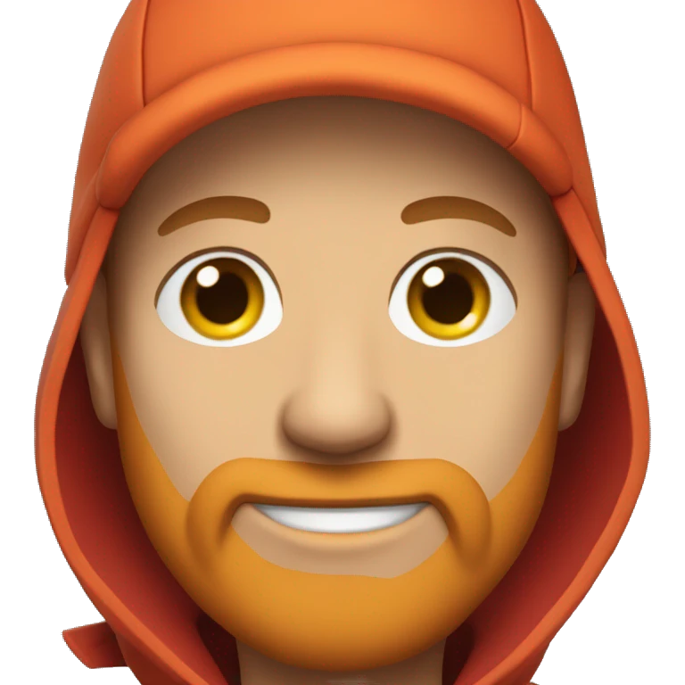 A young, bald man with an orange beard and a red jacket and cap emoji