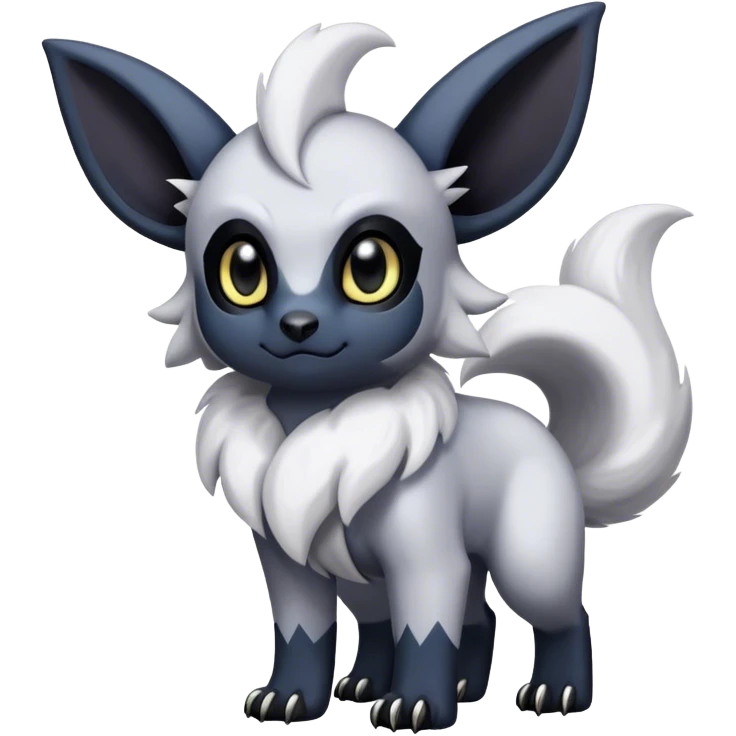 Absol-Umbreon-fantasy creature, nostril holes, black ears, no Scapha, black long scaly tail, big eyes, black eyes, white fur, black claws, cute, adorable emoji