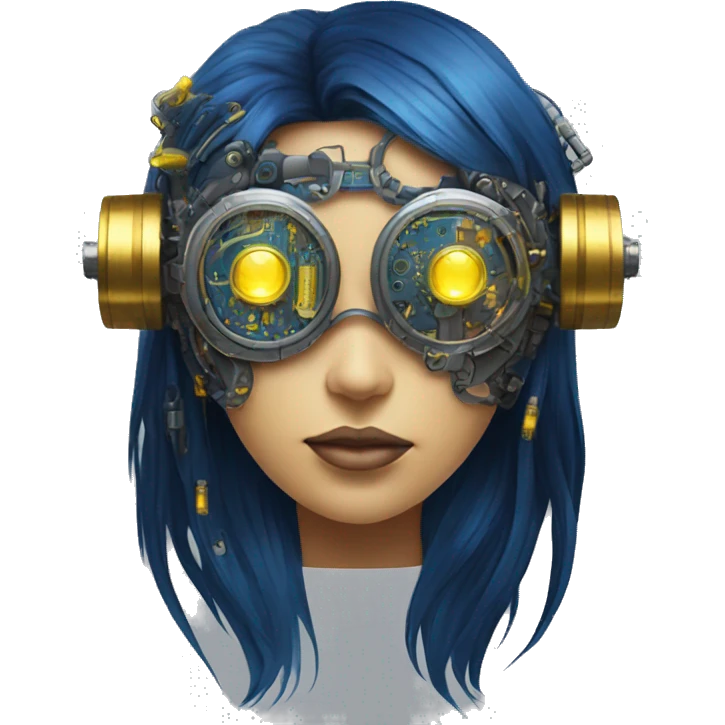 Dark blue long hair female cyborg head with yellow steampunk goggles and circuits emoji