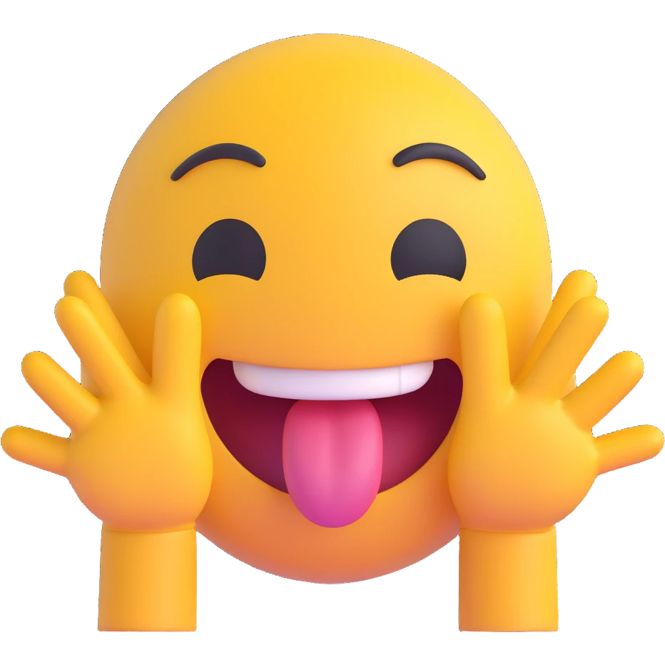 happy face with tongue out and hands on both sides of the face, 3D emoji style emoji