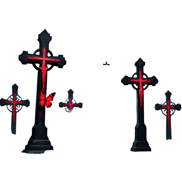 A mesmerizing scene where vibrant crimson butterflies dominate the foreground, their delicate wings glowing against the dark, misty background of shadowy Gothic crosses. The contrast between life and the eerie stillness of the crosses creates a haunting yet beautiful atmosphere. emoji