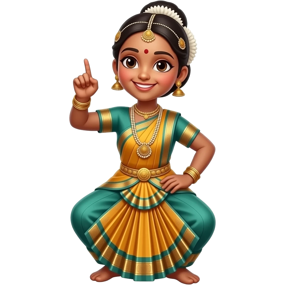Light brown skin girl in a bharatnataym dress smiling  doing a pose emoji