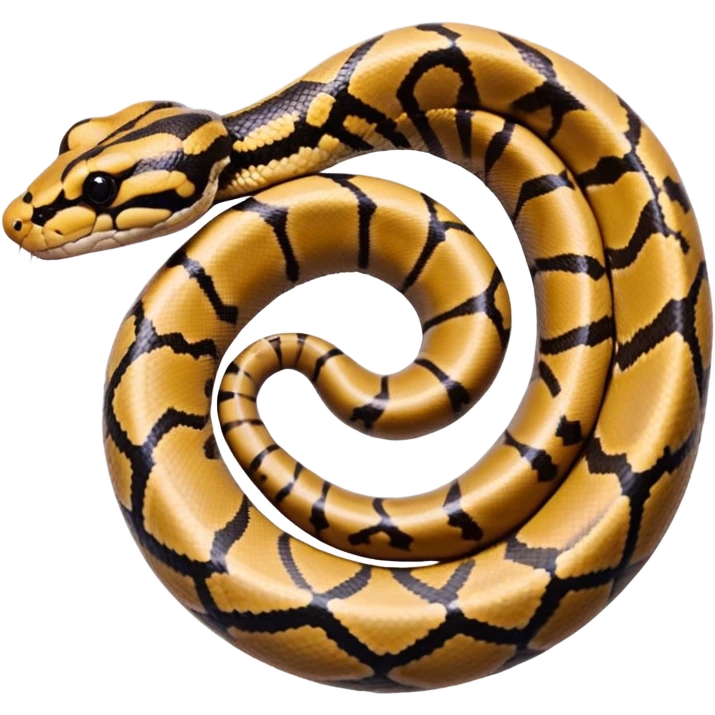 A photo-realistic top-down view of a Ball Python gently coiled into a tight spiral, with its head resting peacefully at the center. Its scales are warm brown with bold, irregular black markings, including the distinctive “alien-head” pattern, flowing smoothly along its body.  emoji