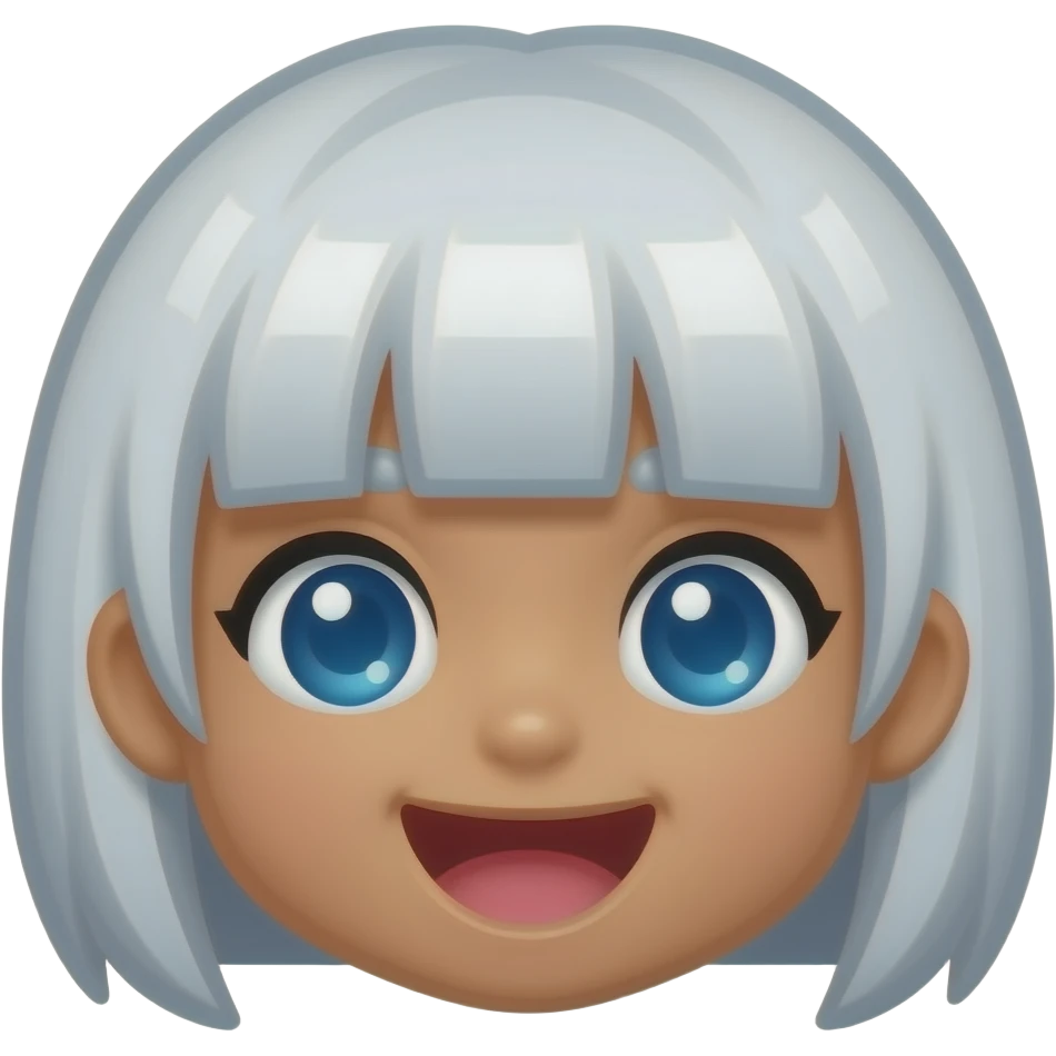 Flat 8-bit Chibi square pixelated head icon of a girl laughing white white short hair blue eyes pixel square eyes and brown skin emoji