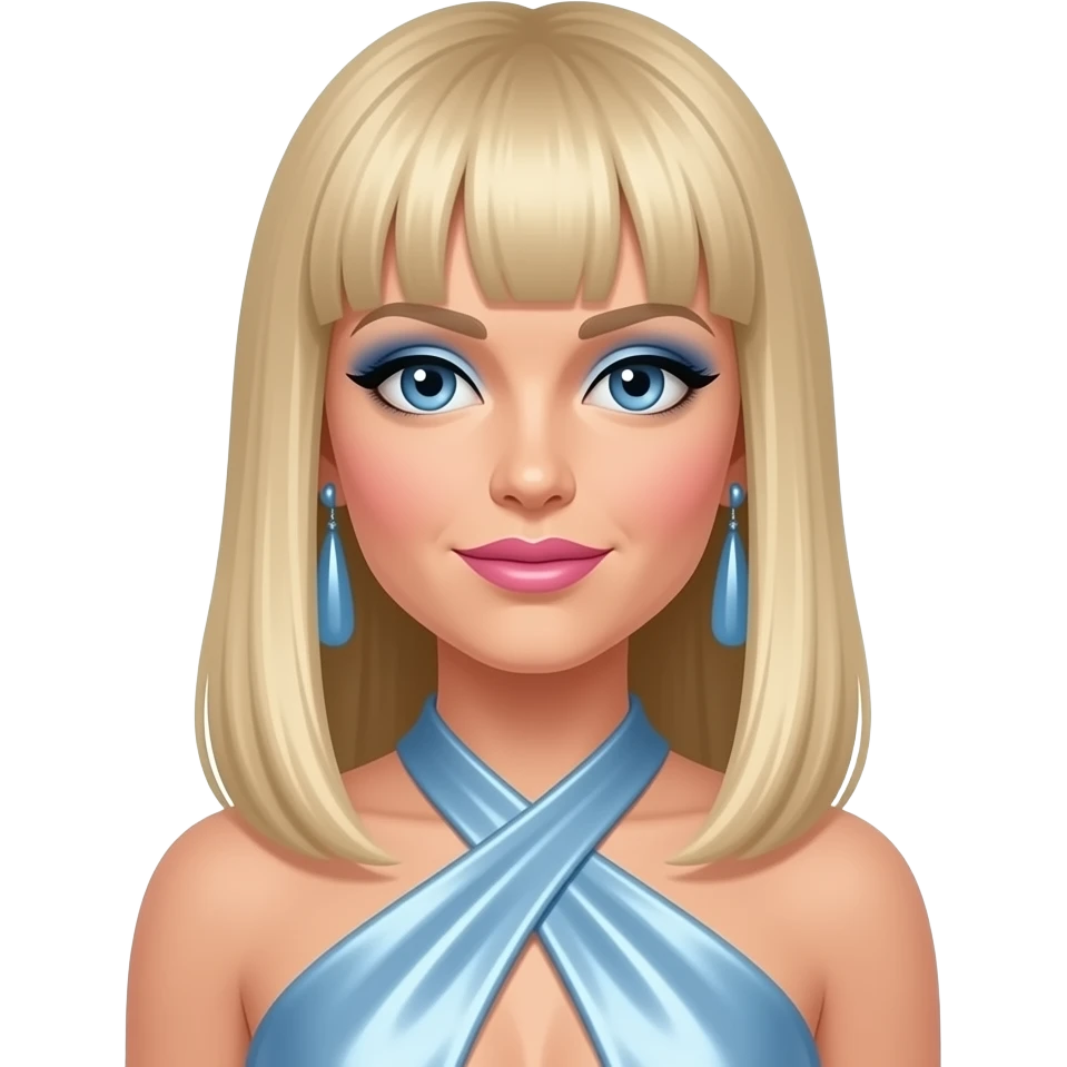 Agnetha Fältskog from ABBA with blue eyes, long straight blonde hair with bang, blue eyeshadow, pink lipstick, baby blue metallic halter dress, blue earrings emoji